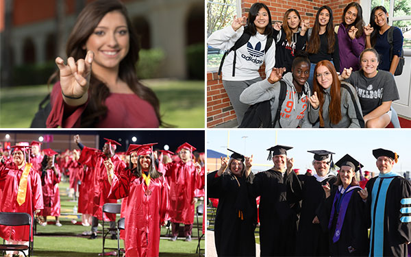 Collage of students and staff with Throw Your Beau Hand Sign Four picture collage showing students and staff throwing the school spirt hand sign shaped like a bulldog