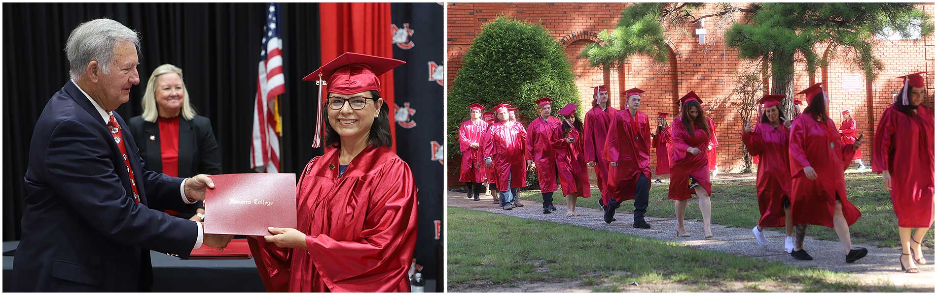 成人教育 Graduation Two pictures showing graduate student receiving a diploma and the other group of graduates walking towards the graduation ceremony.