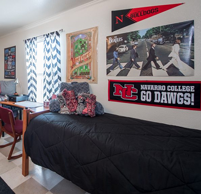 Campus Housing Dorm layout with twin bed and student desk