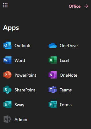 Office 365 App Launcher screenshot of Office 365 App Launcher