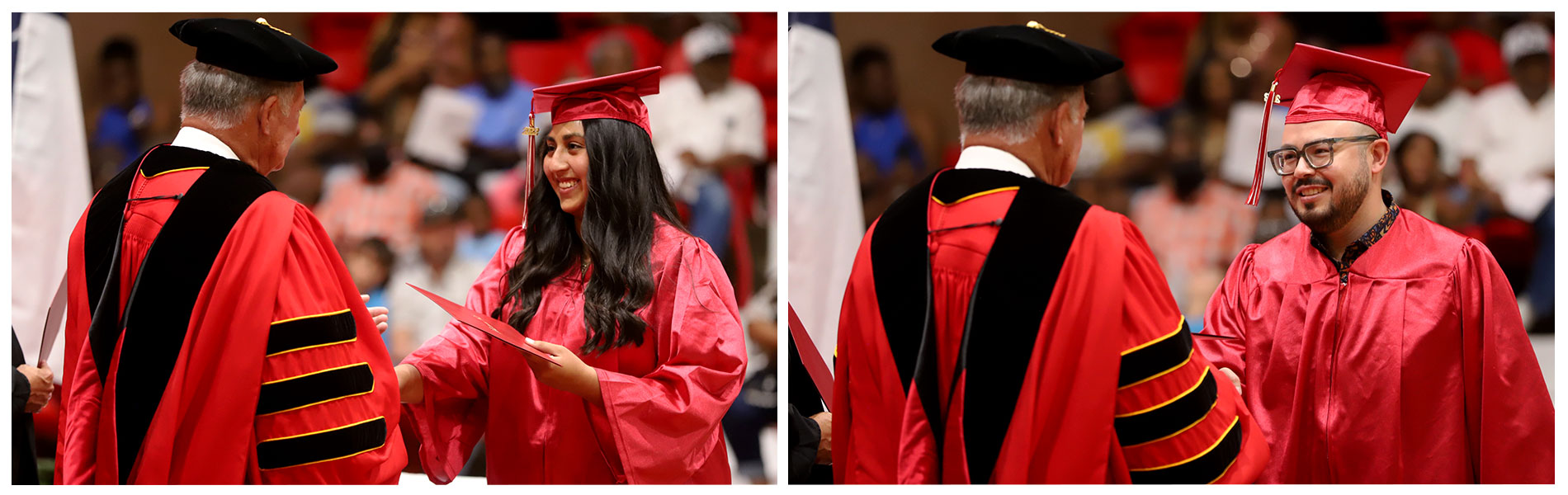 毕业典礼上的信息 Two-picture collage showing graduates receiving their diplomas on stage.