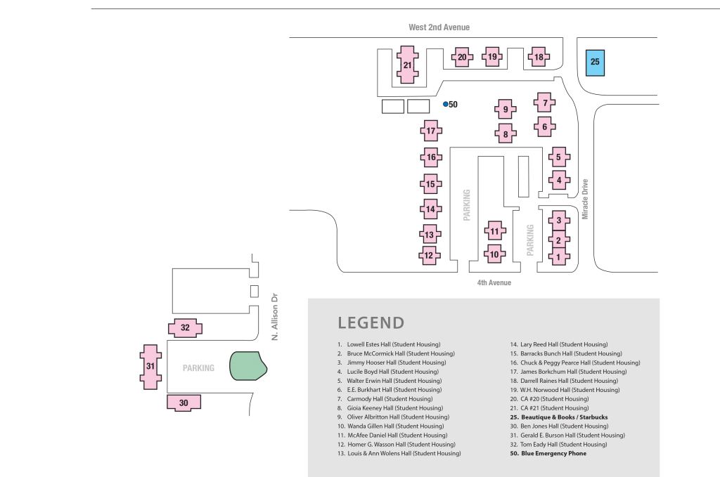 宿舍楼地图 Campus map highlighting the location of all 皇冠博彩 residence halls