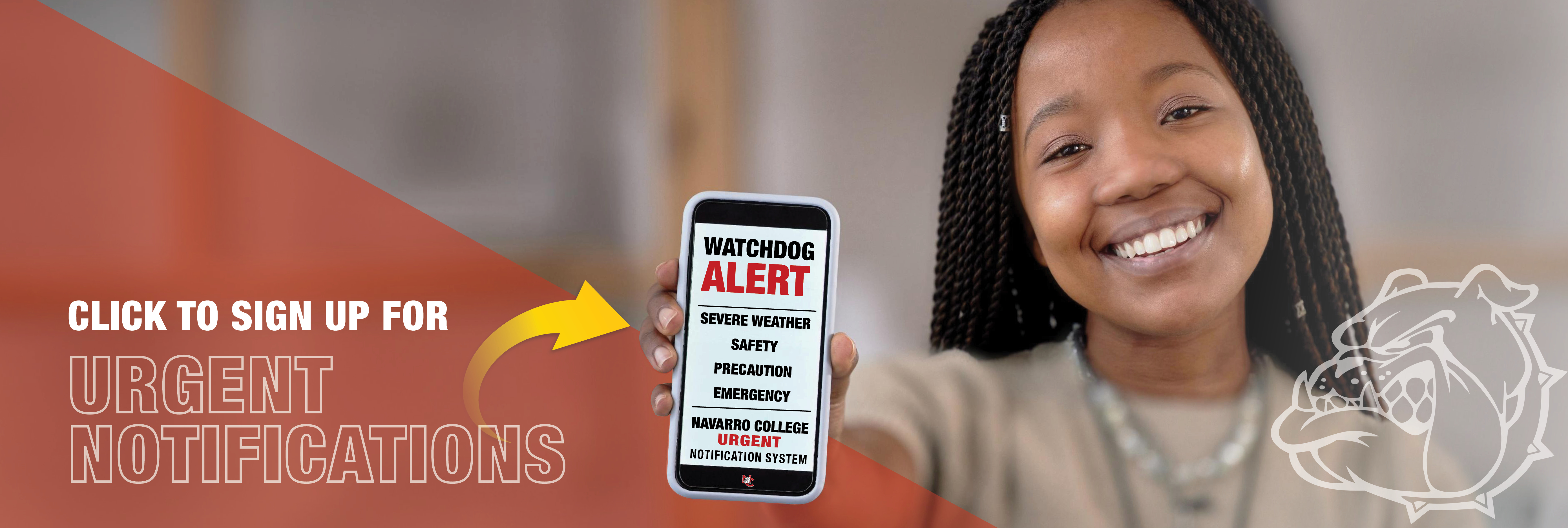 Watchdog Alert Notification Student raising cell phone in hand with text "Watchdog Alert"