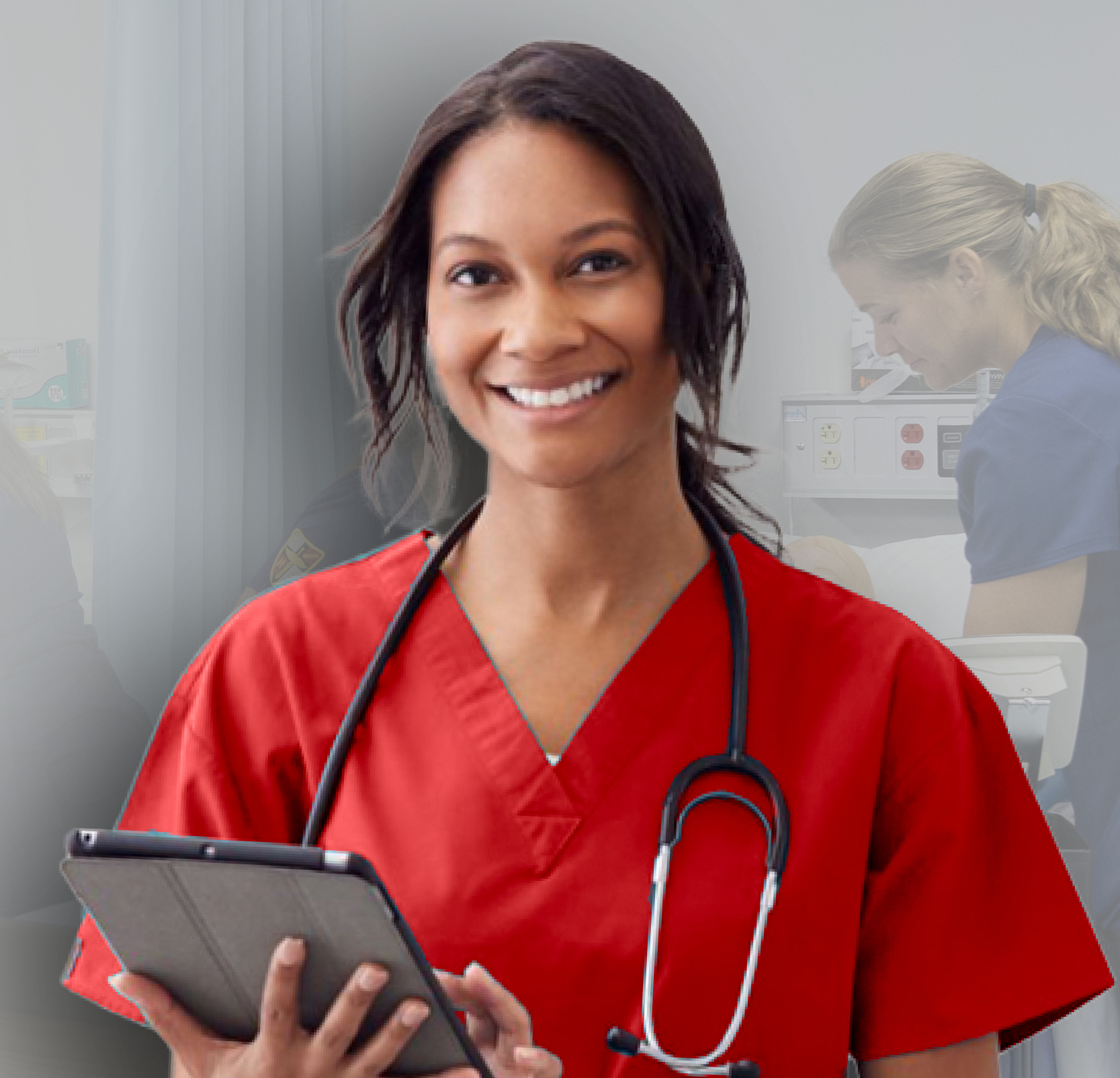 注册临床医疗助理 (CCMA) 皇冠博彩 Student with stethoscope around neck while holding an iPad