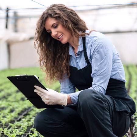 Environmental Science Student working in a consealed crop environment, taking notes