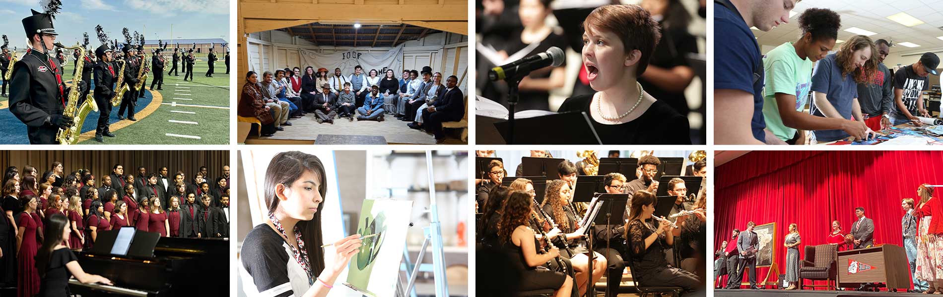 Department of 美术 8-picture collage of students in choir, theatre, band and visual arts