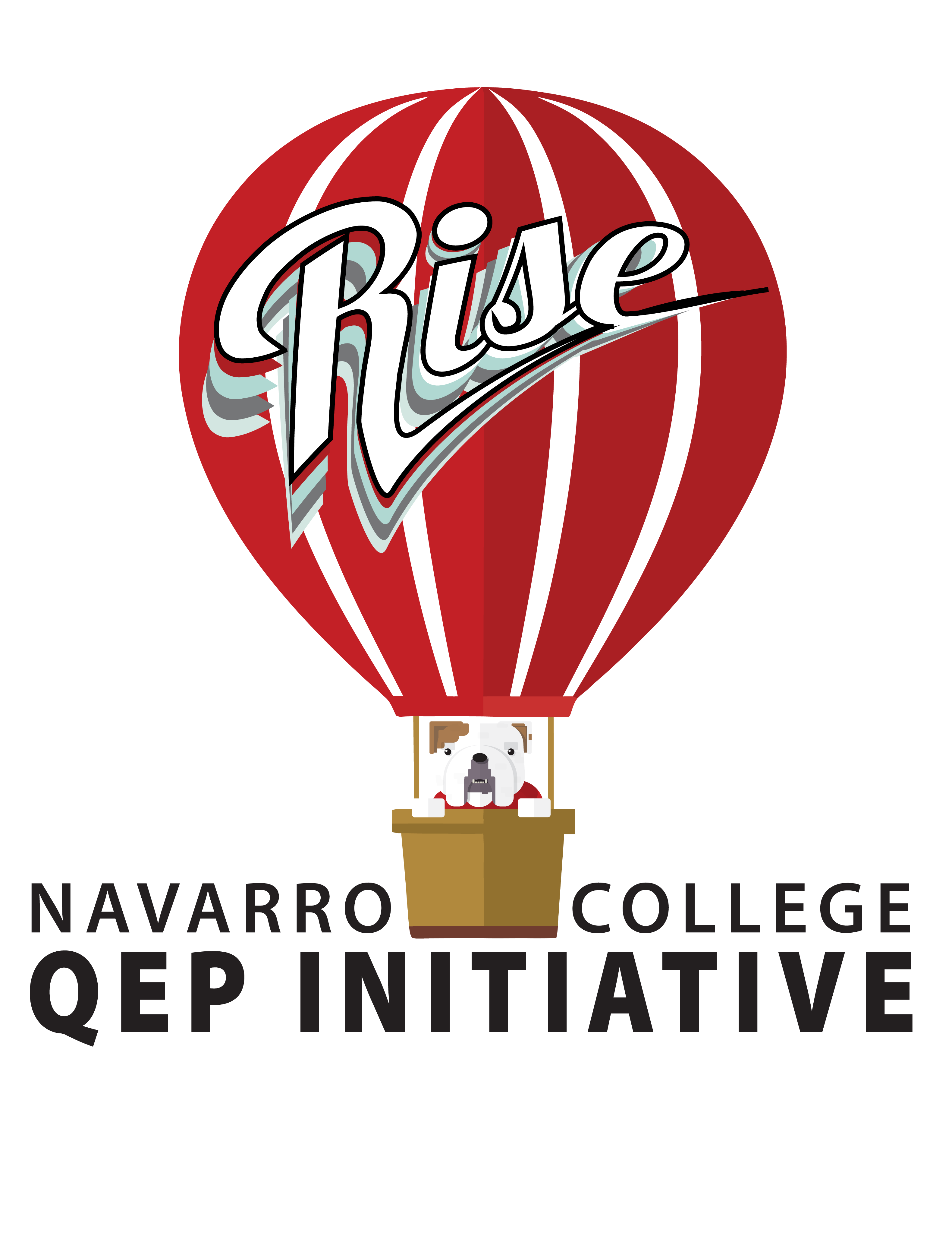 QEP cartoon bulldog in hot air balloon with text "RISE-皇冠博彩 QEP Initiative"